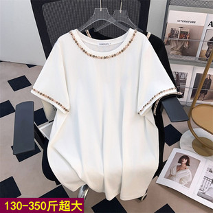 胖mm300夏季高级感纯棉短袖T恤女350斤特超大码韩版宽松显瘦上衣