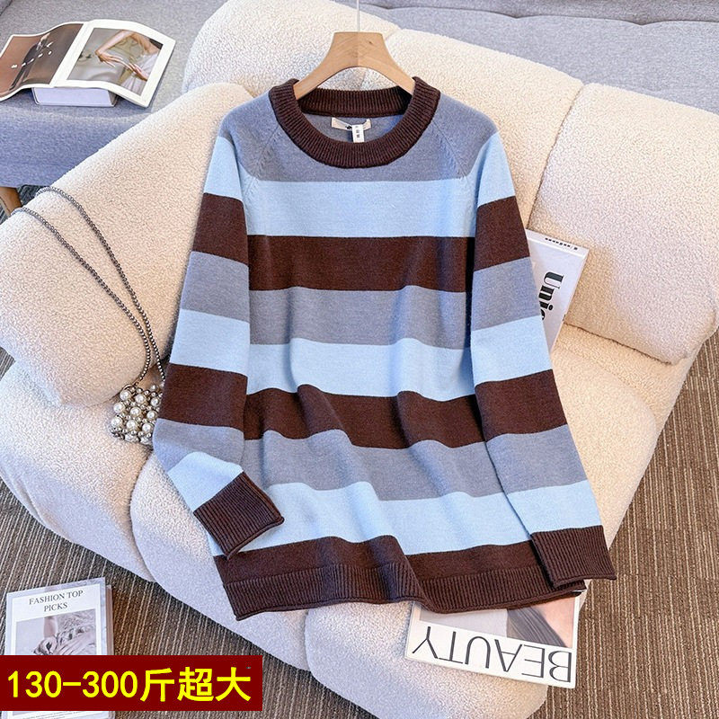 200斤减龄条纹打底针织衫女300春秋冬特大码胖mm宽松圆领毛衣上衣,女装/女士精品,常规大码外套,淘宝优惠券,粉丝福利购,淘宝优惠卷