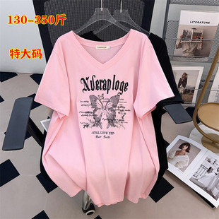 200斤夏季特大码女装350斤加肥胖妹妹宽松遮肚短袖纯棉V领T恤上衣