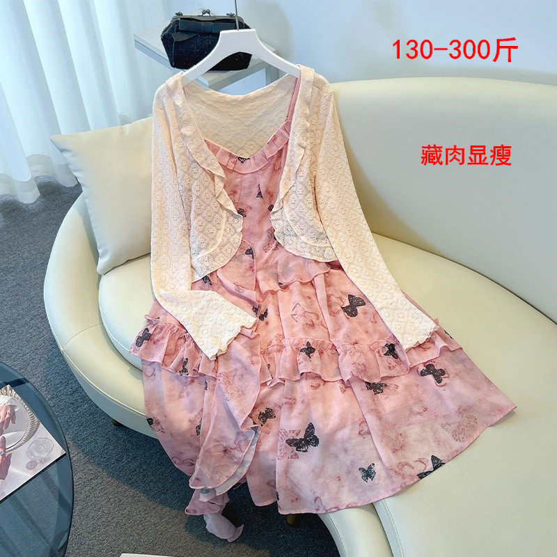 特大码女装夏季300斤胖mm时尚针织开衫披肩碎花吊带连衣裙2件套装