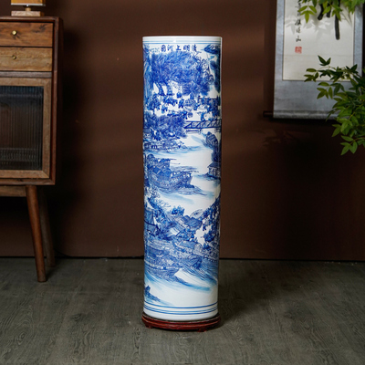 景德镇陶瓷青花瓷落地大号花瓶箭筒客厅电视柜中式字画收纳缸摆件