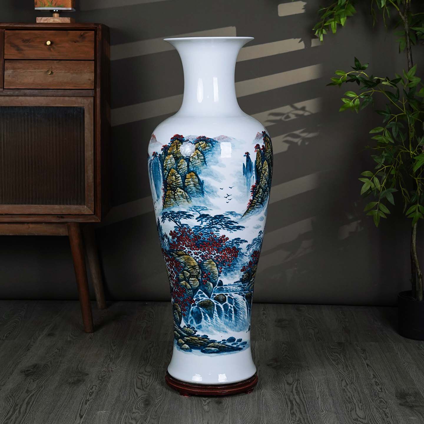 景德镇陶瓷手绘青花瓷山水大花瓶客厅电视柜公司落地摆件乔迁送礼