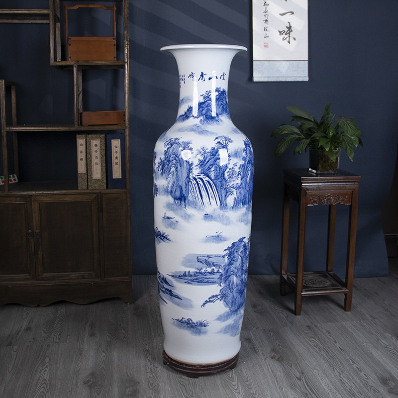 景德镇陶瓷青花山水落地大花瓶客厅电视柜酒店装饰特大号摆件送礼,家居饰品,花瓶,淘宝优惠券,粉丝福利购,淘宝优惠卷