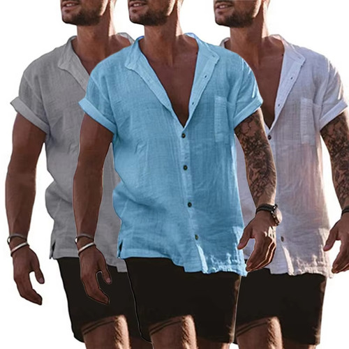 Male Short Sleeve Shirts Cotton Linen Shirts Blouses For Men