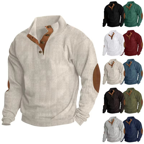 Men's Sweatshirt Stand Collar Long Sleeve Stripe Corduroy