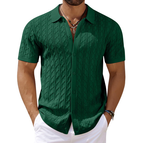 Mens Knit Short Sleeve Shirts Button Down Knitted Polo Shirt
