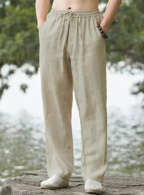 Men's Beach Pants Joggers Cotton Linen Sweatpants Casual