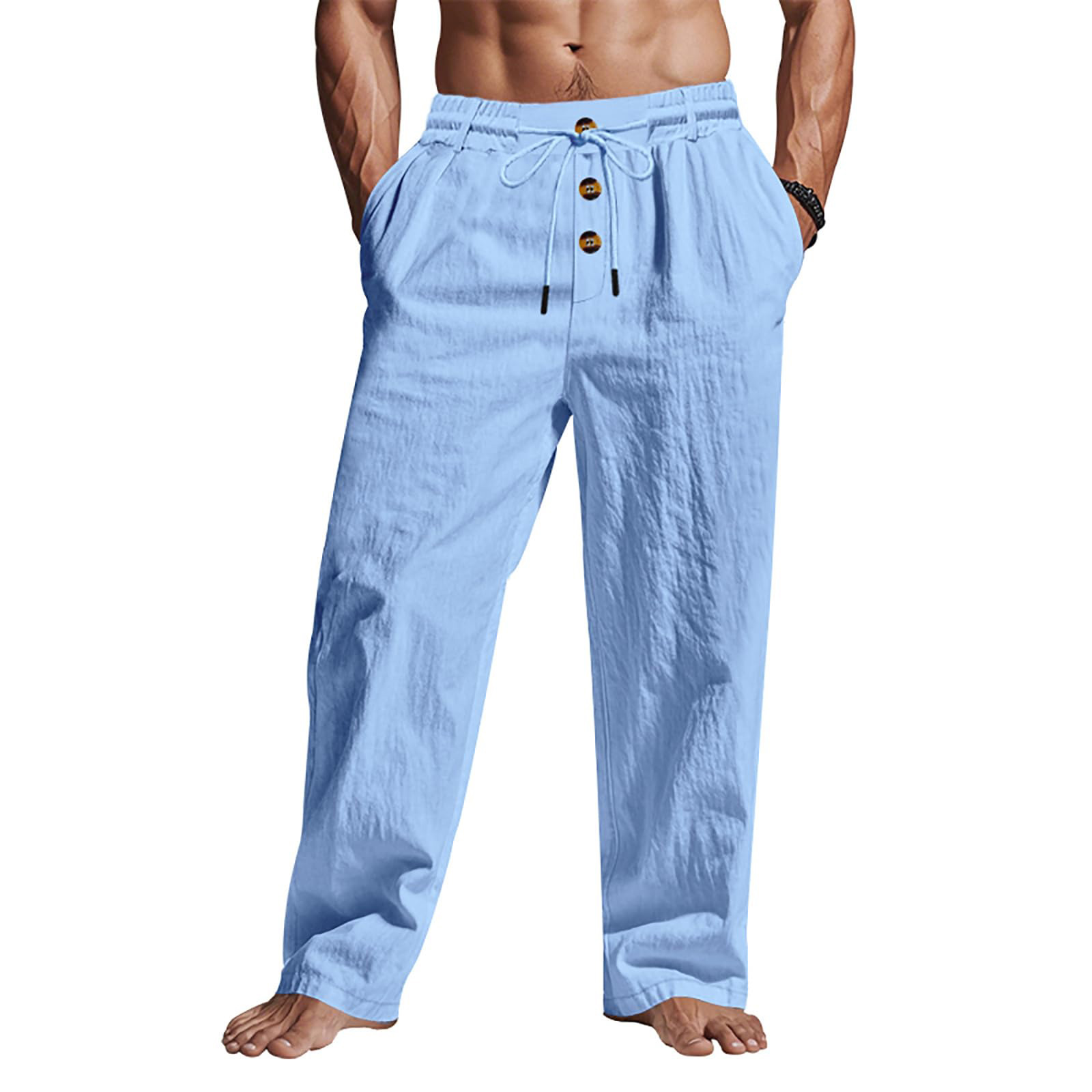 Men's Cotton Linen Pants Casual Harem Pants Elastic Waist