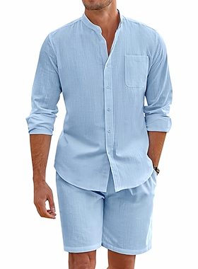 Shorts Summer Men Two-Piece Cotton Linen Long Sleeve Shirt