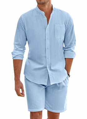 Shorts Summer Men Two-Piece Cotton Linen Long Sleeve Shirt