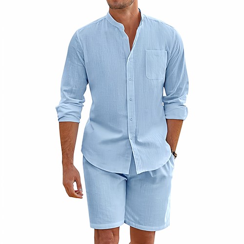 Shorts Summer Men Two-Piece Cotton Linen Long Sleeve Shirt