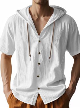 Men Linen Short Sleeve Button Down Shirt Lightweight Hoodies