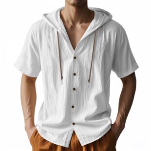 Sleeve Hoodies Men Short Shirt Lightweight Down Linen Button