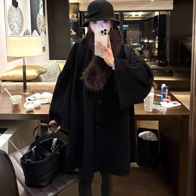 uuyeii “墨尔本午夜”100绵羊毛气质千金斗篷大衣双面呢外套女