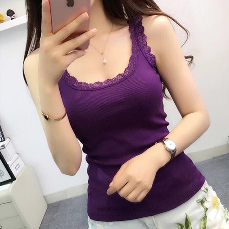 甜美风螺纹花边紧身打底衫吊带