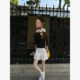 松弛感橡筋亚麻休闲短裤 橡筋抽绳短裤 ASLEE