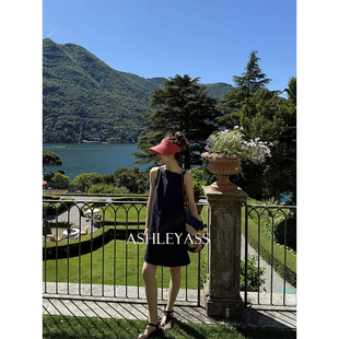 法式 Rosa 轻熟一字领吊带质感简约藏青色连衣裙 ASLEE