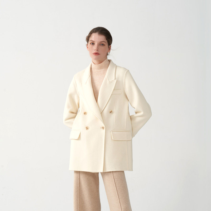 秋冬季100%羊毛休闲气质通勤经典V领中款双面呢大衣