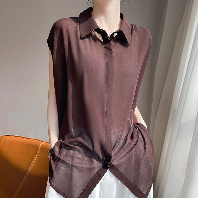 2025年春夏新款乔其纱POLO薄款衬衫无袖系带纯色宽松百搭衬衣上衣