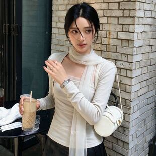 清冷系穿搭/法式挂脖网纱飘带长袖T恤女秋季新款韩版显瘦气质上衣