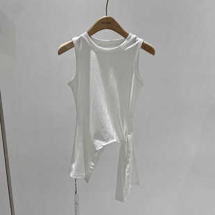 纯色圆领不规则下摆系带收腰显瘦无袖 新款 T恤上衣女 2026夏季 韩版