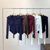 夏装 修身 女款 衬衫 衬衣小众设计感气质上衣早秋 显瘦纯色polo领长袖