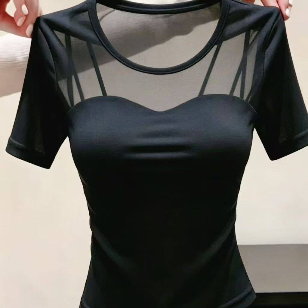 纯欲风黑色网纱拼接圆领短袖打底衫女夏季新款超好看修身显瘦上衣
