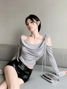 小衫 纯欲性感甜美辣妹荡领露肩长袖 显瘦短款 T恤女春季 上衣 紧修身