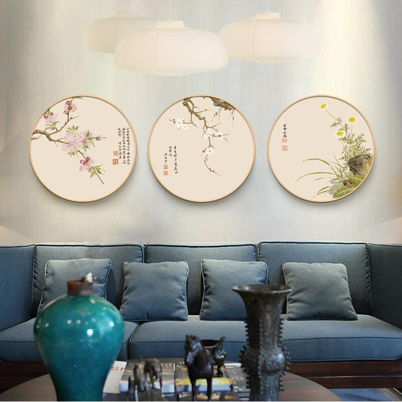 实木圆形框花卉装饰画古典中国风客厅背景墙卧室玄关过道壁画挂画图片