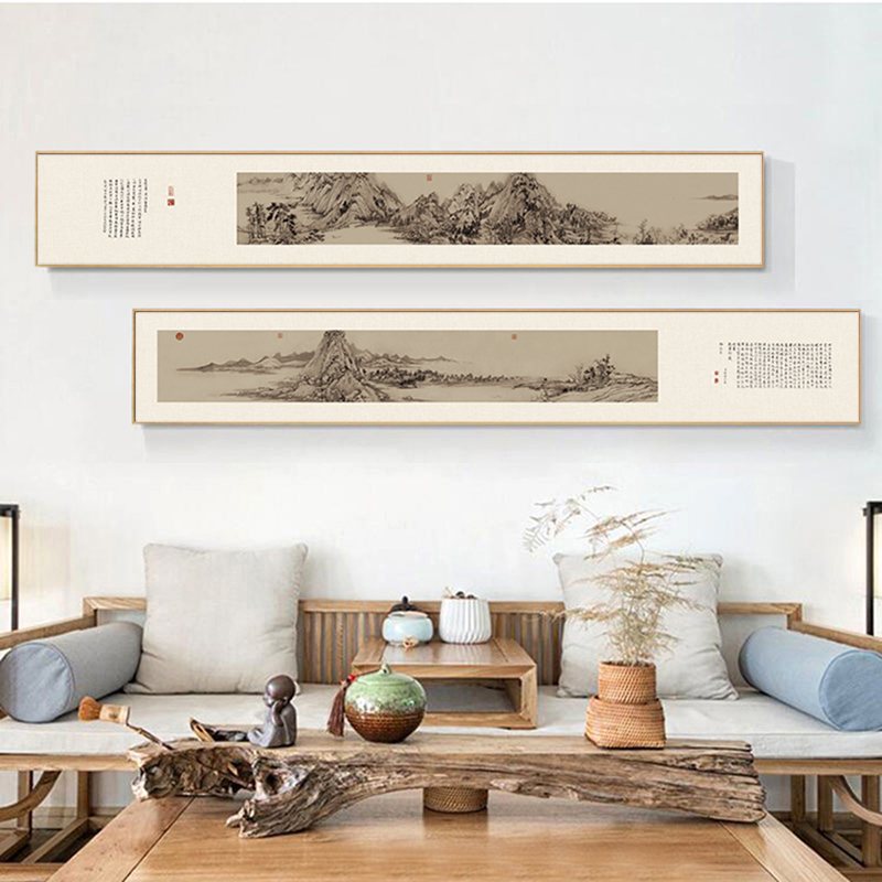 富春山居图仕女图新中式客厅沙发背景墙装饰画餐厅茶室挂画古典长