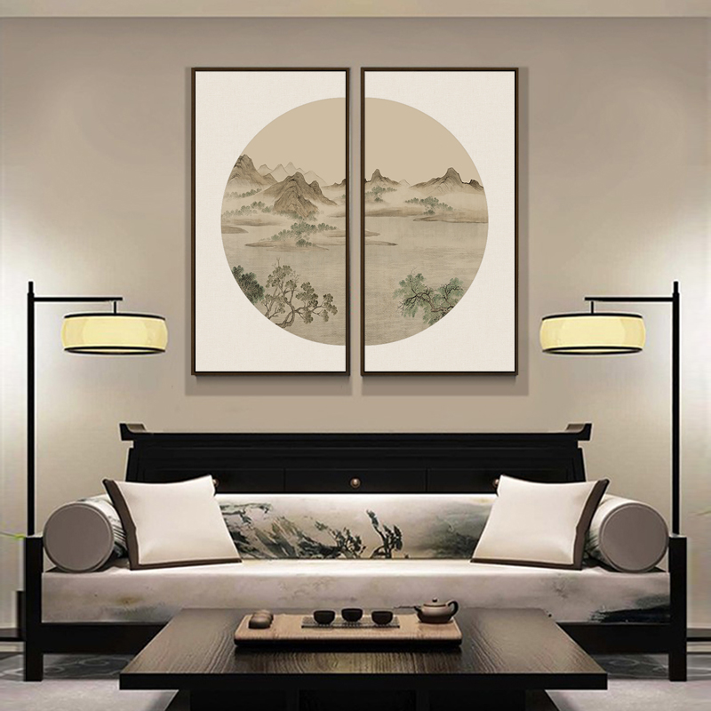 新中式组合装饰画双联半圆山水餐厅客厅沙发背景墙中国风民宿酒店图片