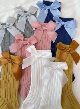 呱呱baby婴儿袜子儿童坑条袜蝴蝶结宝宝袜素色中筒袜ins地板袜