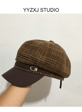 复古英伦风格纹皮带扣八角帽女秋冬百搭显脸小时尚画家帽
