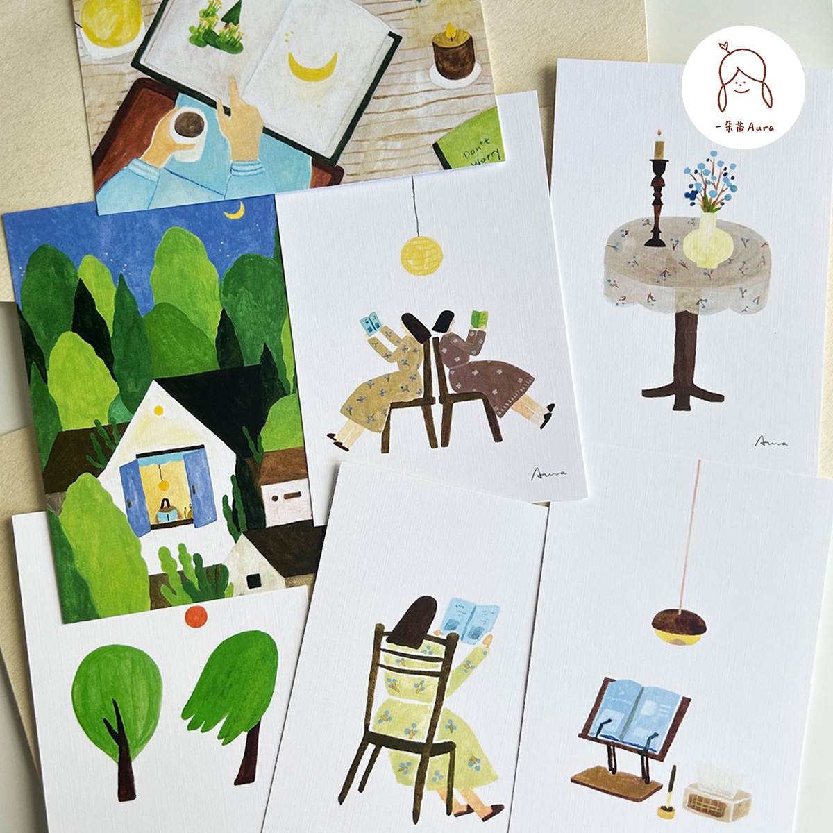 月亮下读书好朋友信封卡片明信片 一朵苗原创插画书店房间装饰画