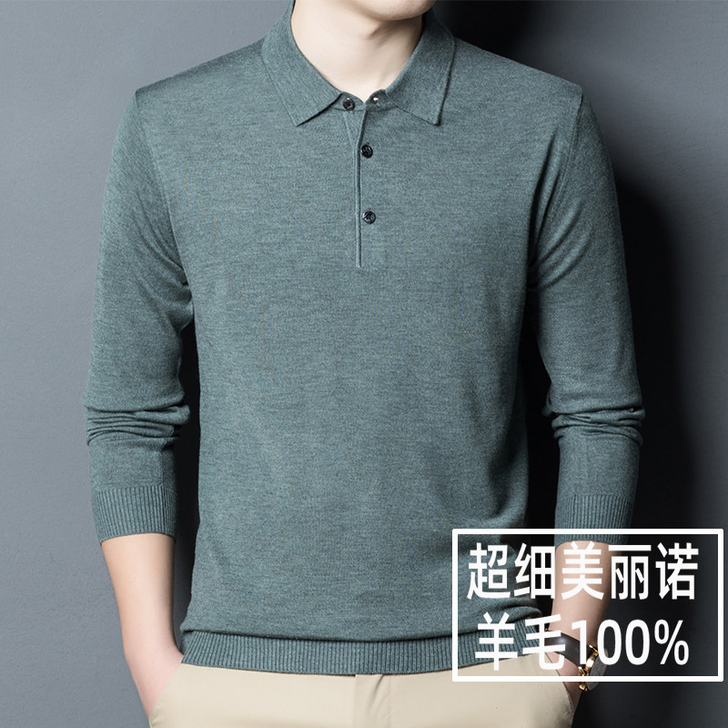 鄂尔多斯市羊毛衫男100纯羊毛翻领春秋薄款精纺T恤领针织打底毛衣