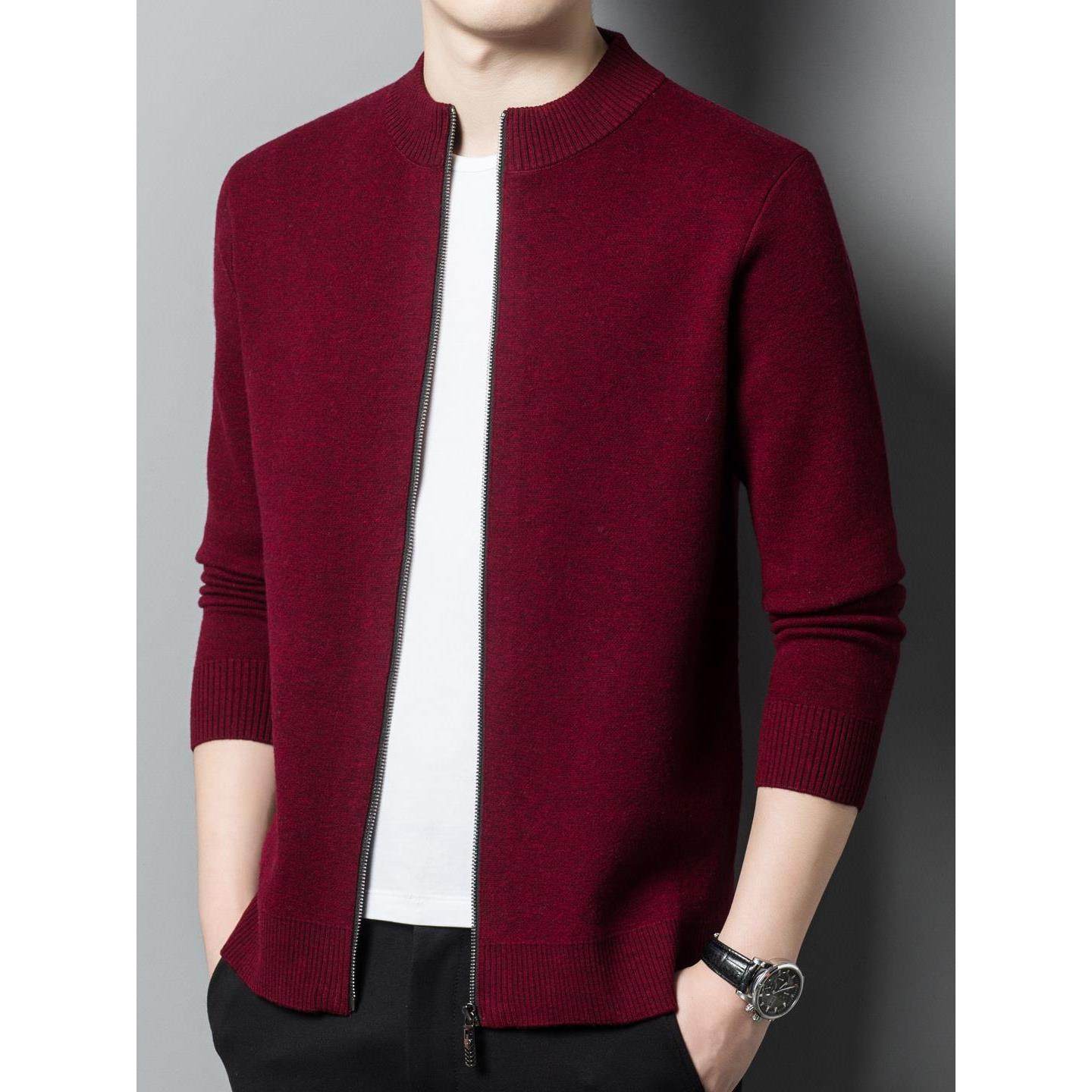 鄂尔多斯市羊毛衫男开衫2025秋冬加厚羊绒衫中年爸爸红色毛衣外套