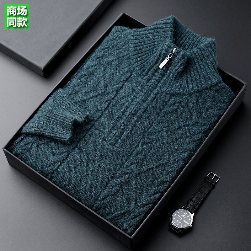 鄂尔多斯市男士纯羊绒衫加厚拉链半高领高端品牌针织羊毛衫毛衣