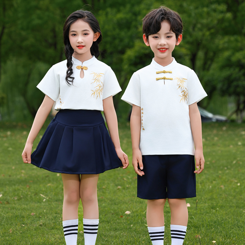 幼儿园园服夏季纯棉套装小学生校服古风短袖儿童新中式毕业照班服