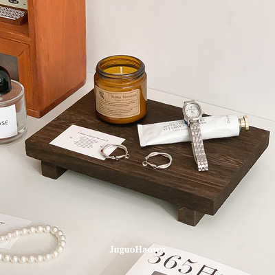 复古实木高脚香薰托盘香水首饰收纳盘方形置物架木质家居装饰摆件