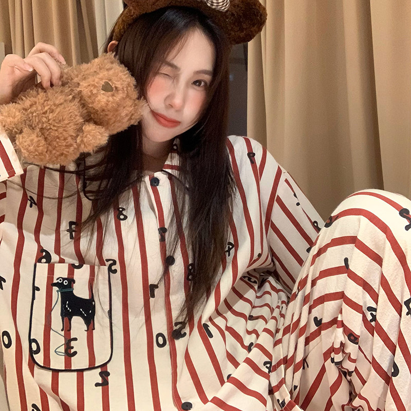 侘町2024年春秋新款数字狗红白条纹长袖睡衣女卡通家居服套装秋季