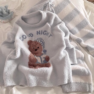 卡通保暖套装 半边绒睡衣女圆领长袖 冬季 侘町睡帽晚安小熊2025新款