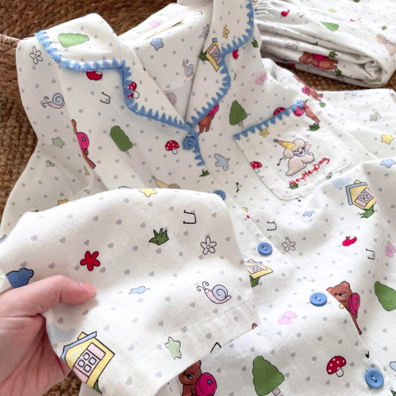 侘町睡衣女2025年新款长袖纯棉磨毛秋季杠铃小熊卡通可外穿家居服