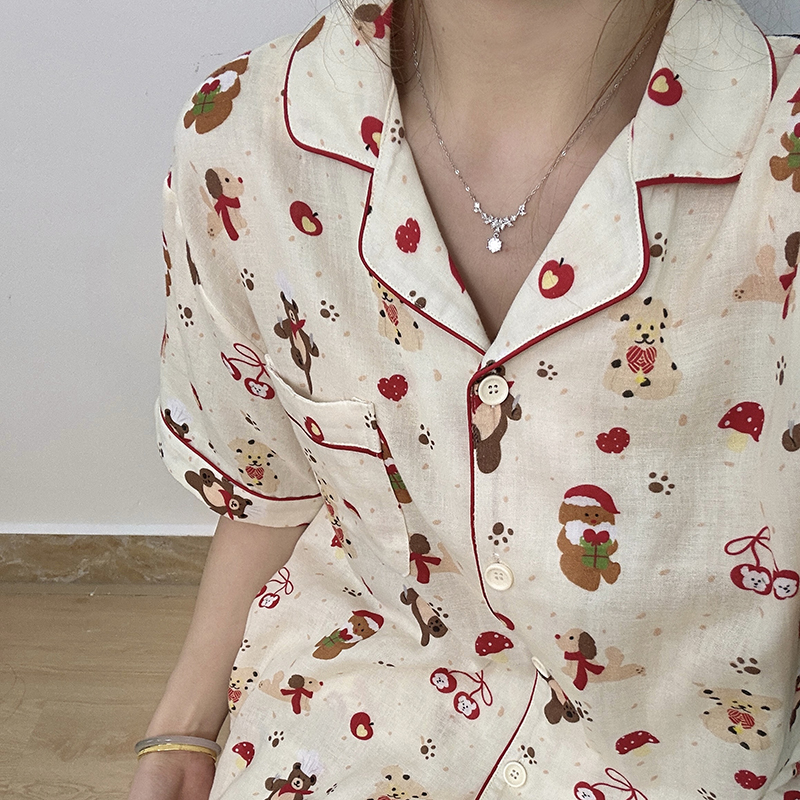 侘町2025新款圣诞厨师小熊短袖睡衣女卡通夏天纯棉家居服套装夏季