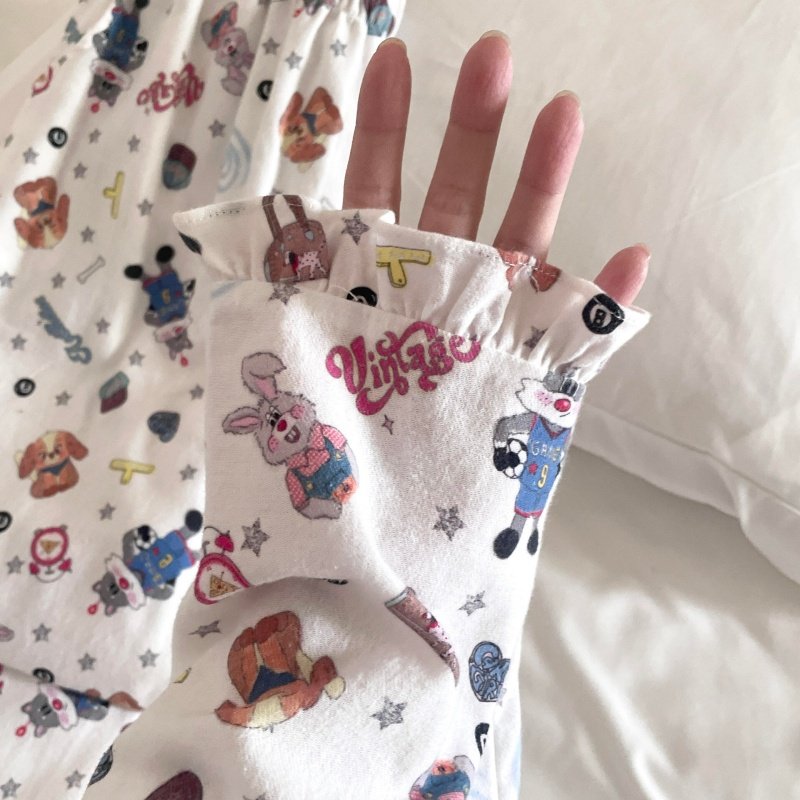 侘町睡衣女款2025新款秋冬纯棉卡通套装白色足球小猫可外穿家居服