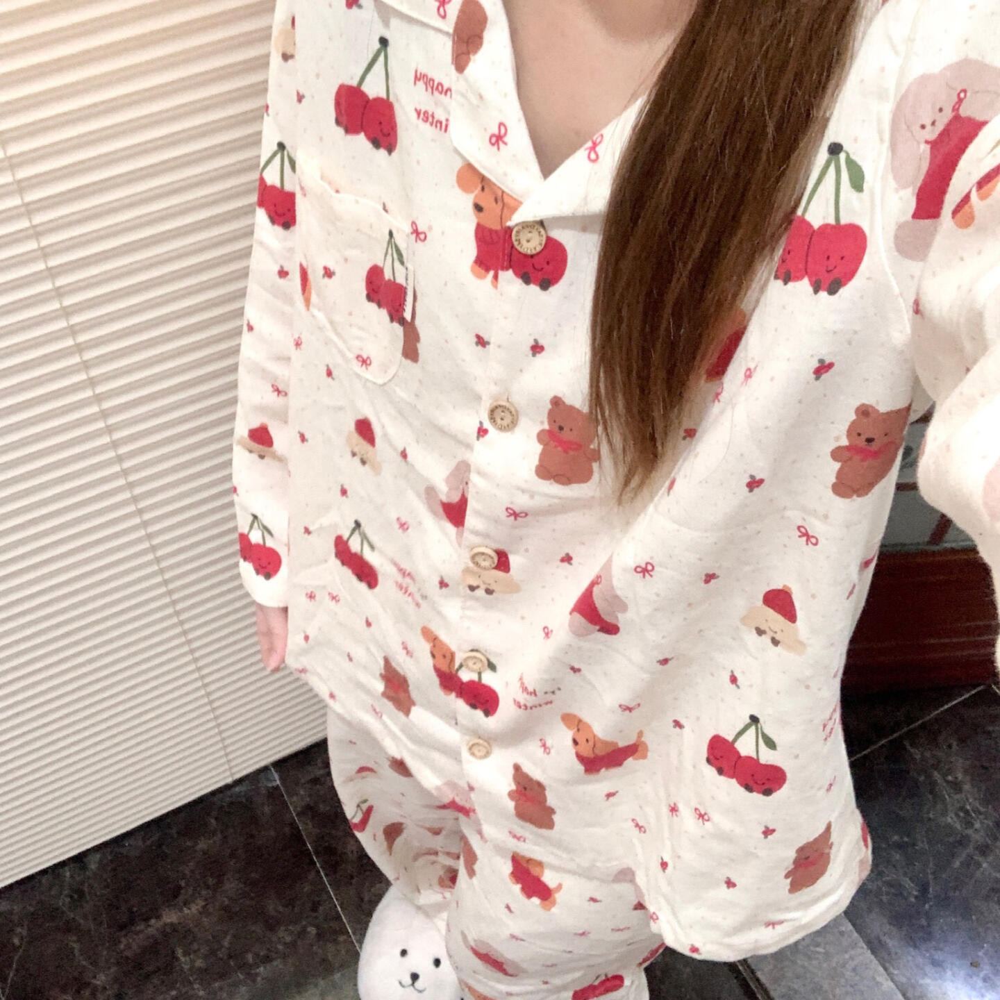 侘町2025新款樱桃小狗秋冬睡衣女款纯棉开衫翻领套装可外穿家居服