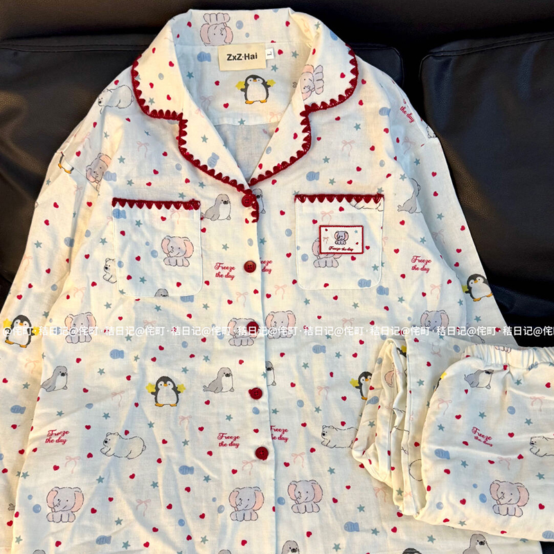 侘町2025年秋冬季新款波点小海豹休闲纯棉睡衣套装女可外穿家居服