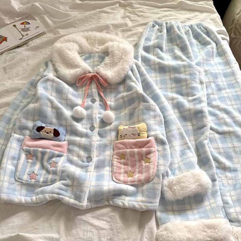 侘町2025秋冬新款蓝格星星被法兰绒卡通睡衣套装女加绒加厚家居服