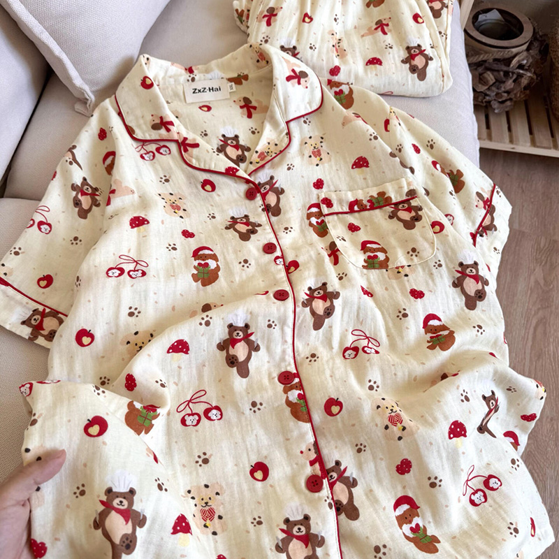 侘町2025年新款圣诞厨师小熊纯棉短袖女睡衣夏季卡通可外穿家居服
