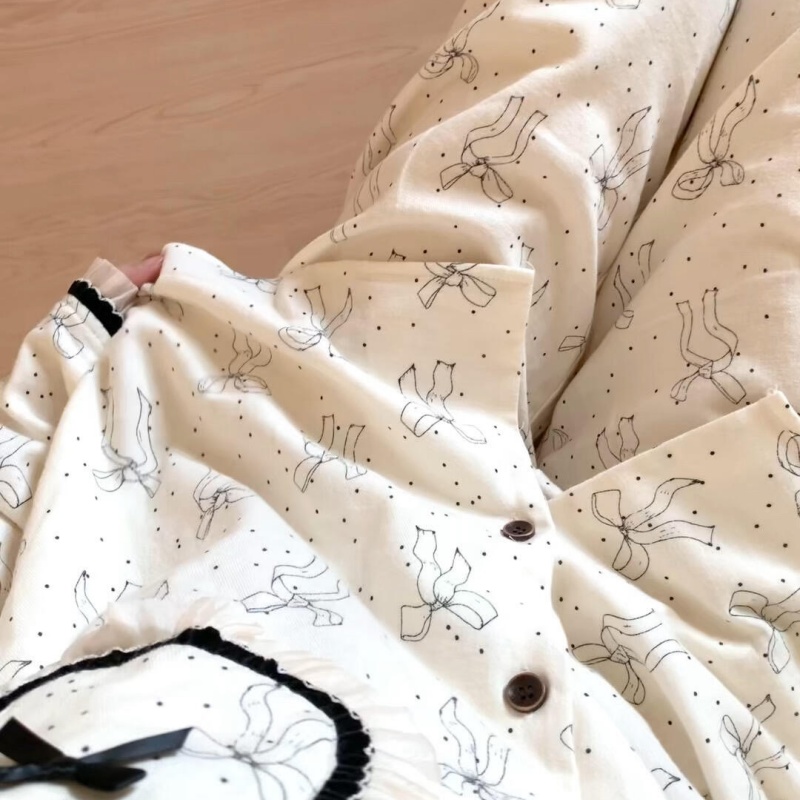 侘町蝴蝶结黑白2025新款春秋纯棉长袖睡衣女puggy磨毛家居服套装