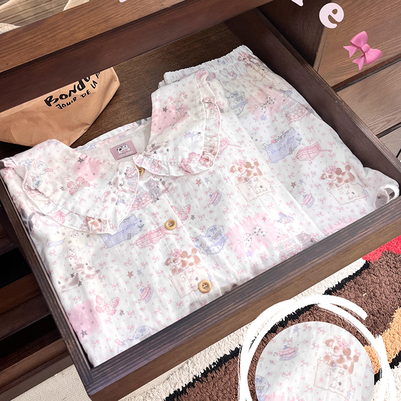 侘町2025年新款猫咪日记纯棉长袖睡衣女夏季卡通可外穿家居服套装